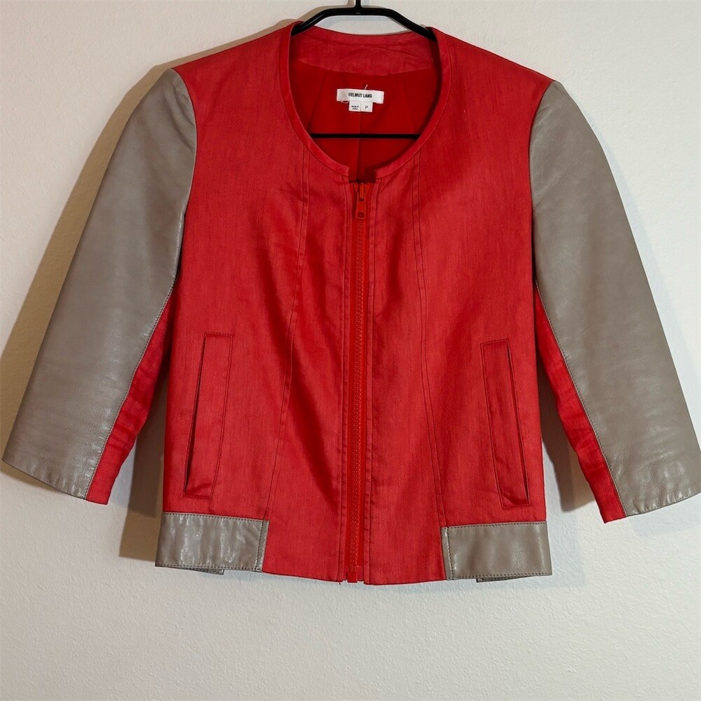 Helmut Lang Jacket Womens Petite S Orange Taupe Colorblock Zip Bomber